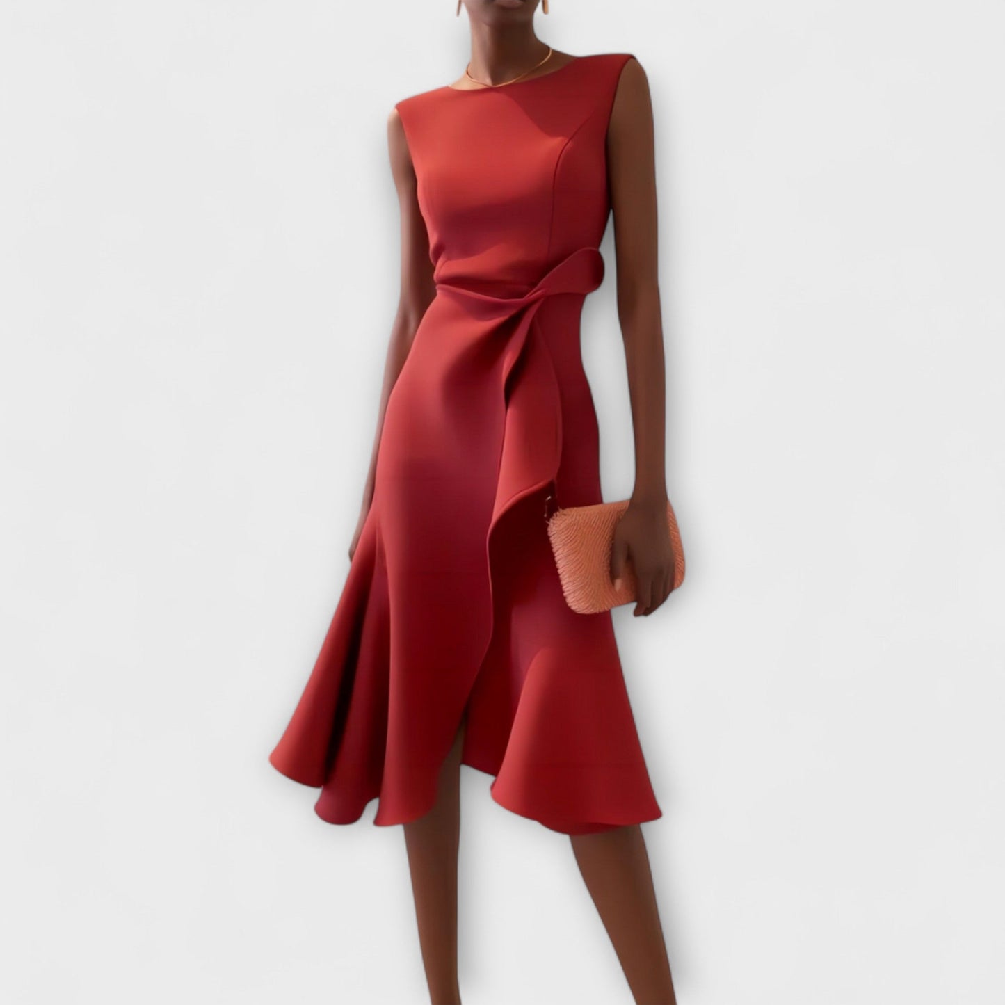 Sleeveless red midi dress with asymmetric ruffle and self-tie bow detail at the waist, suitable for wedding guests.