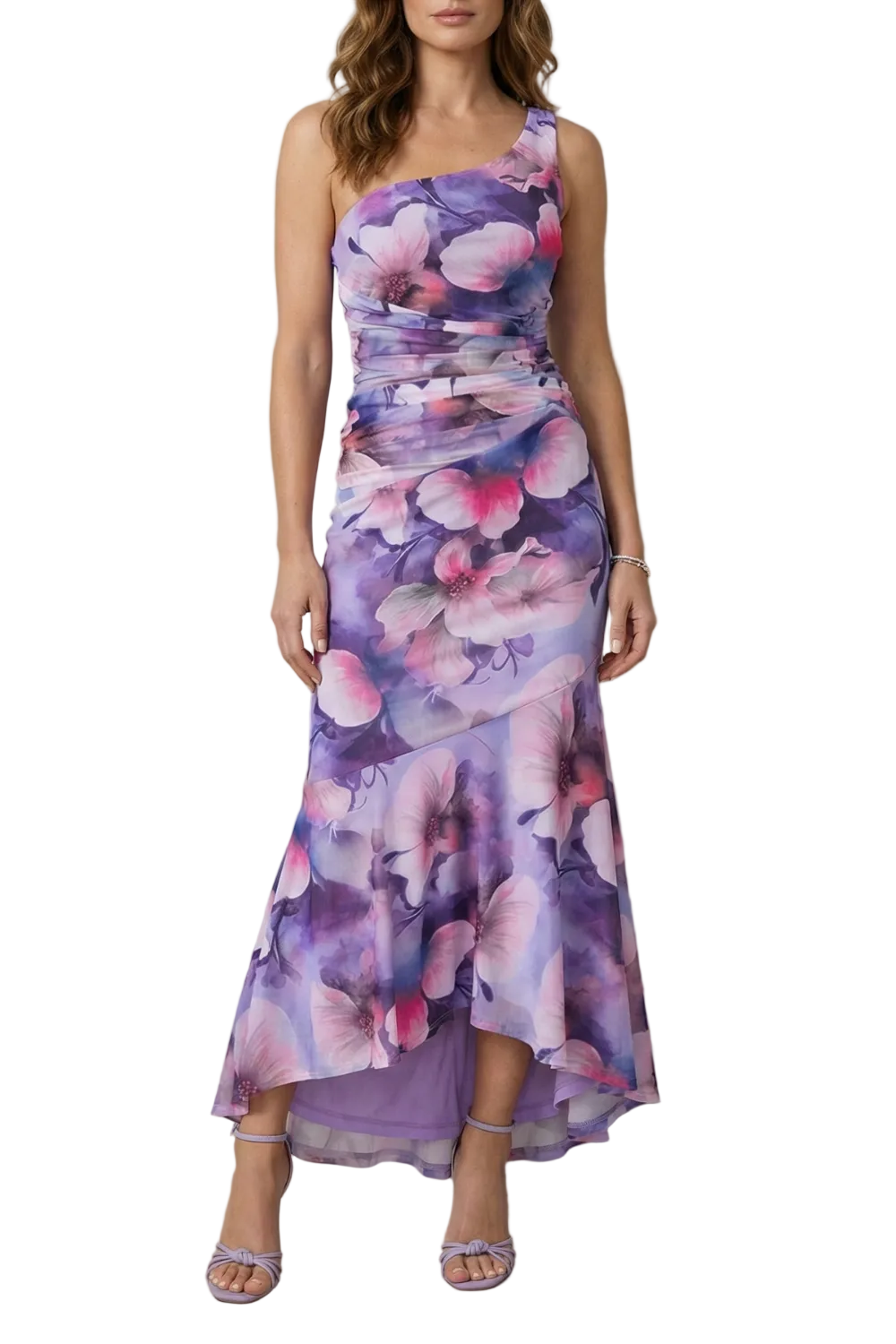 Full length view of a women's floral one shoulder maxi dress in purple with pink flowers, ruched bodice, and high-low hem.