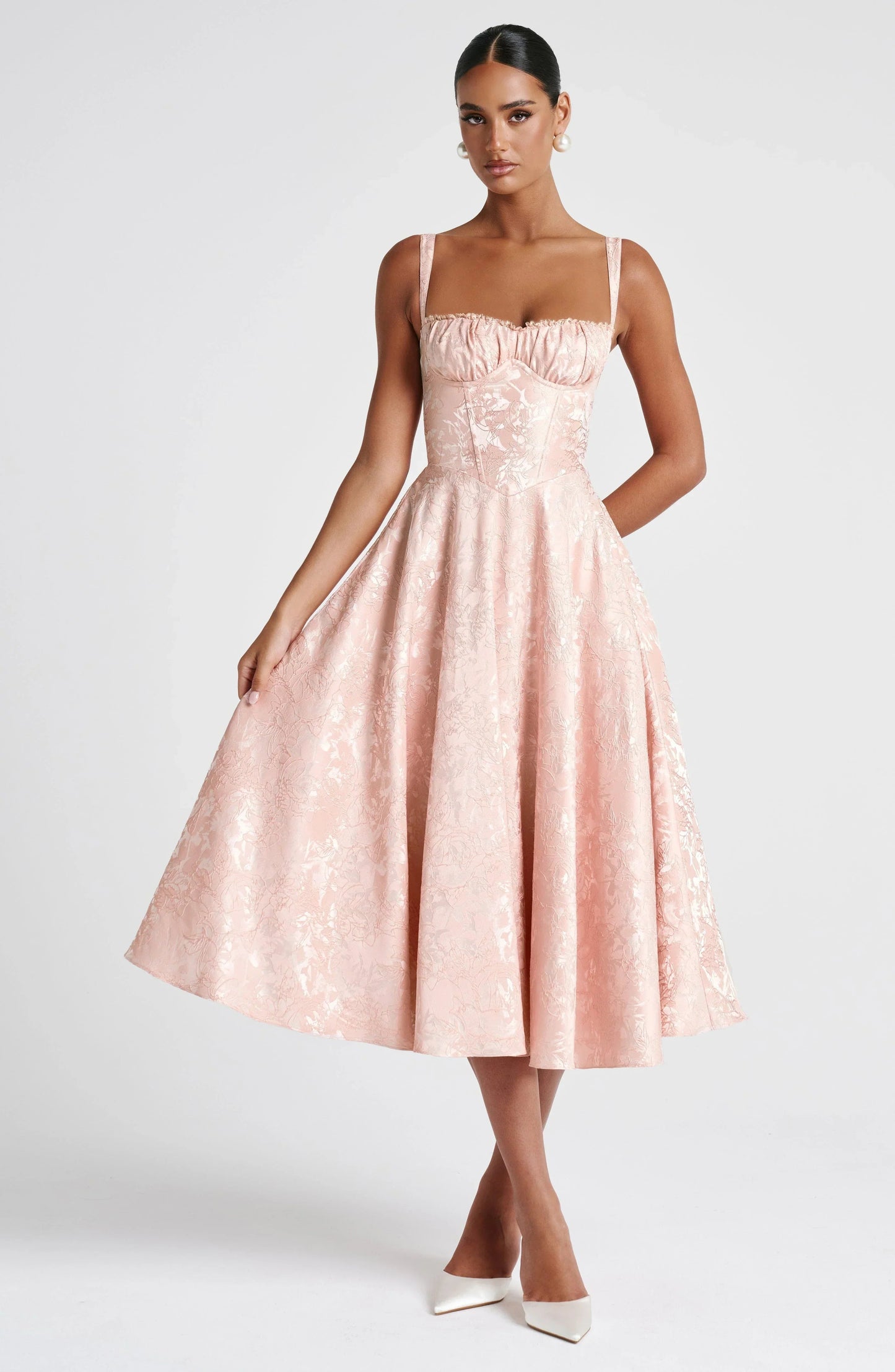 Blush floral jacquard square neck midi dress with wide straps and full skirt, front view