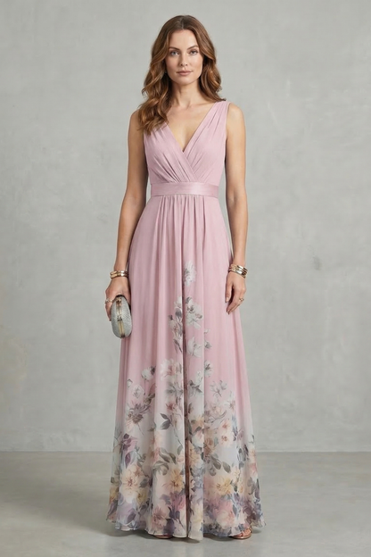 Elegant pink floral maxi dress for women, featuring a V-neckline and a pleated waist, a beautiful option for wedding guest dresses.