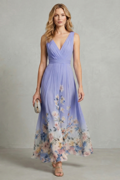 Front view of a women's lavender floral v-neck ombre maxi dress, highlighting the delicate floral wedding guest dress design.