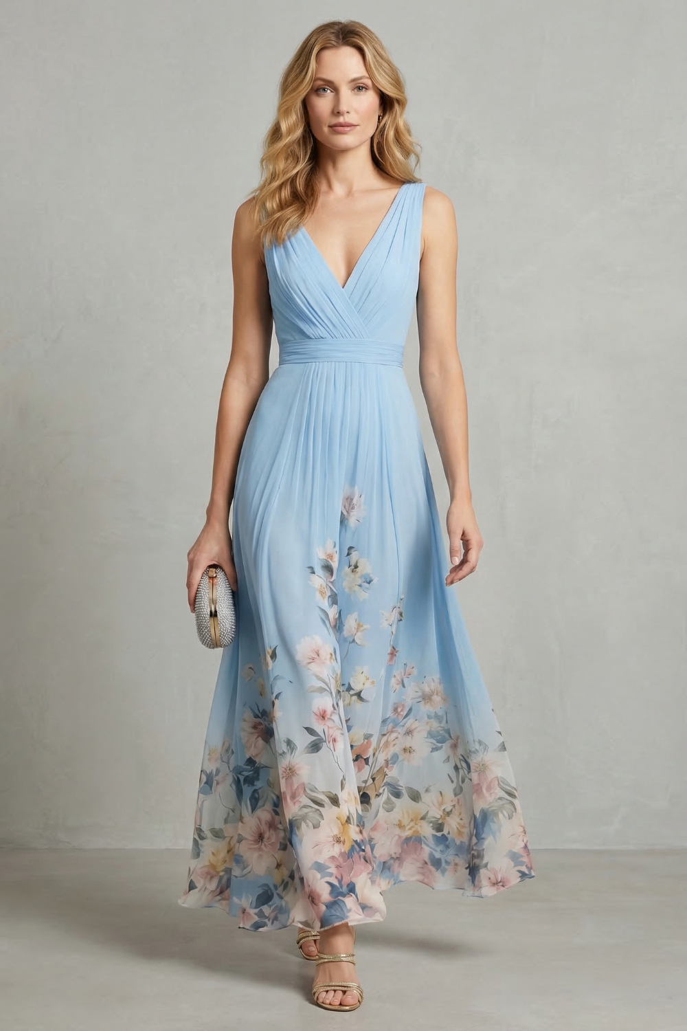 Front view of a women's light blue floral v-neck ombre maxi dress, featuring a flowing skirt with a botanical print.