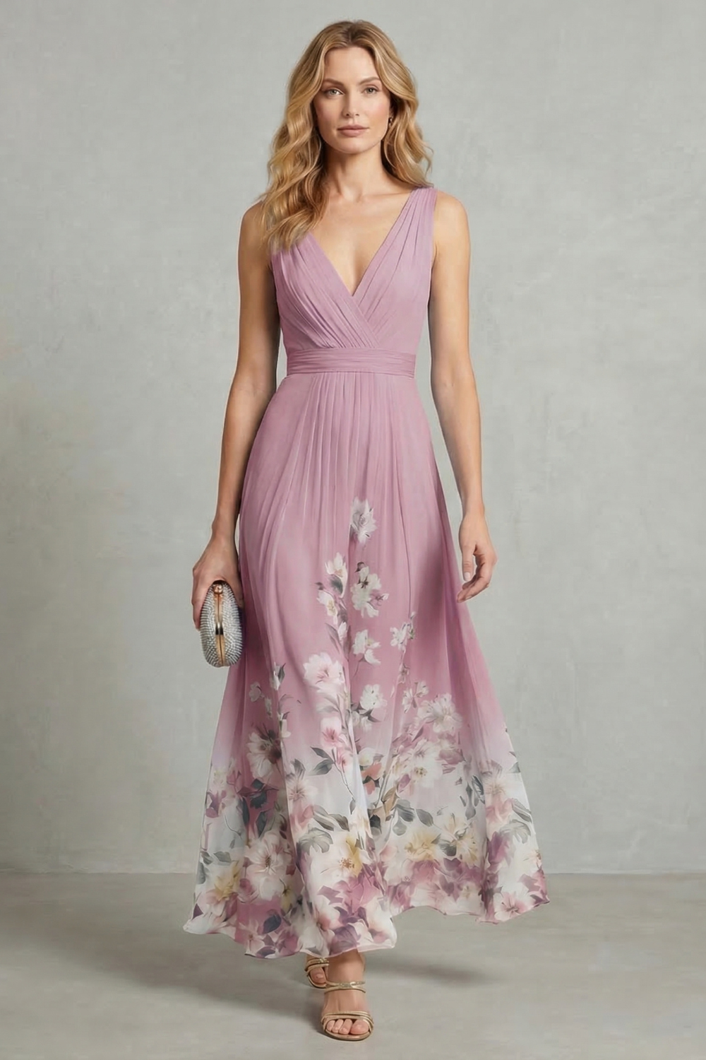 Front view of a women's dusty rose floral v-neck ombre maxi dress, showcasing the romantic floral pattern.