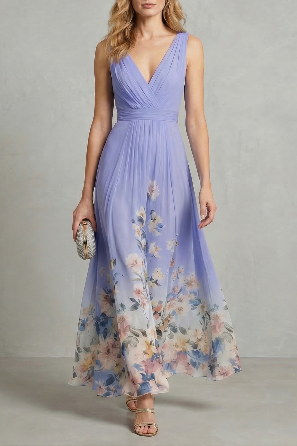 Full-length view of a lavender floral ombre maxi dress with a v-neck and pleated bodice, a beautiful choice for wedding guest dresses.