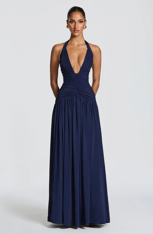 Navy blue halter V-neck backless maxi dress with ruched waist and flowing skirt, front view