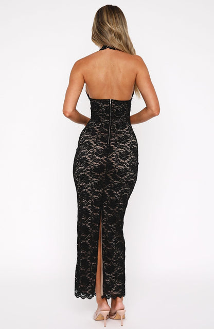 Women black floral lace maxi dress back with visible zipper closure and form-fitting silhouette