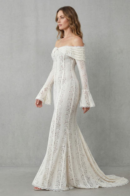 Side profile of a white off-shoulder lace maxi dress for women, showcasing the elegant train, bell sleeves, and intricate lace details.