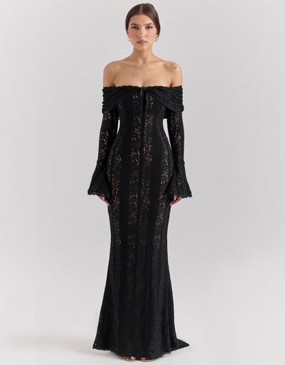 Women's Wedding Guest Off Shoulder Lace Maxi Dress