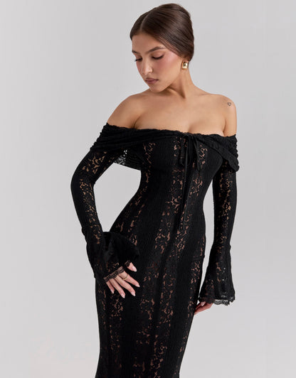 Women's Wedding Guest Off Shoulder Lace Maxi Dress