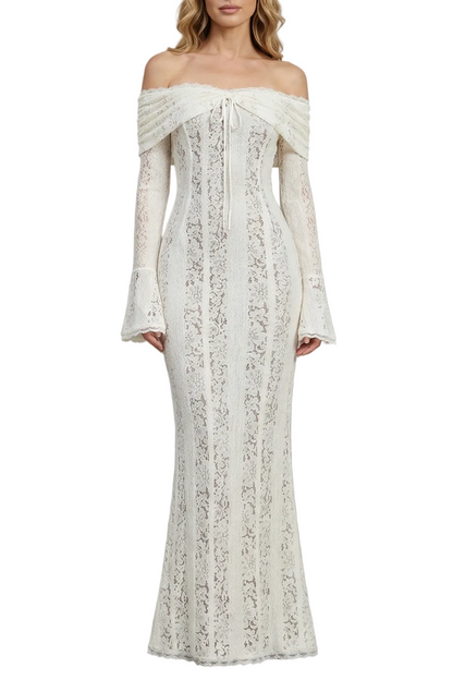 Front view of an elegant off-shoulder white lace maxi dress with long bell sleeves, cinched waist, and a flowing skirt, perfect for wedding guests.