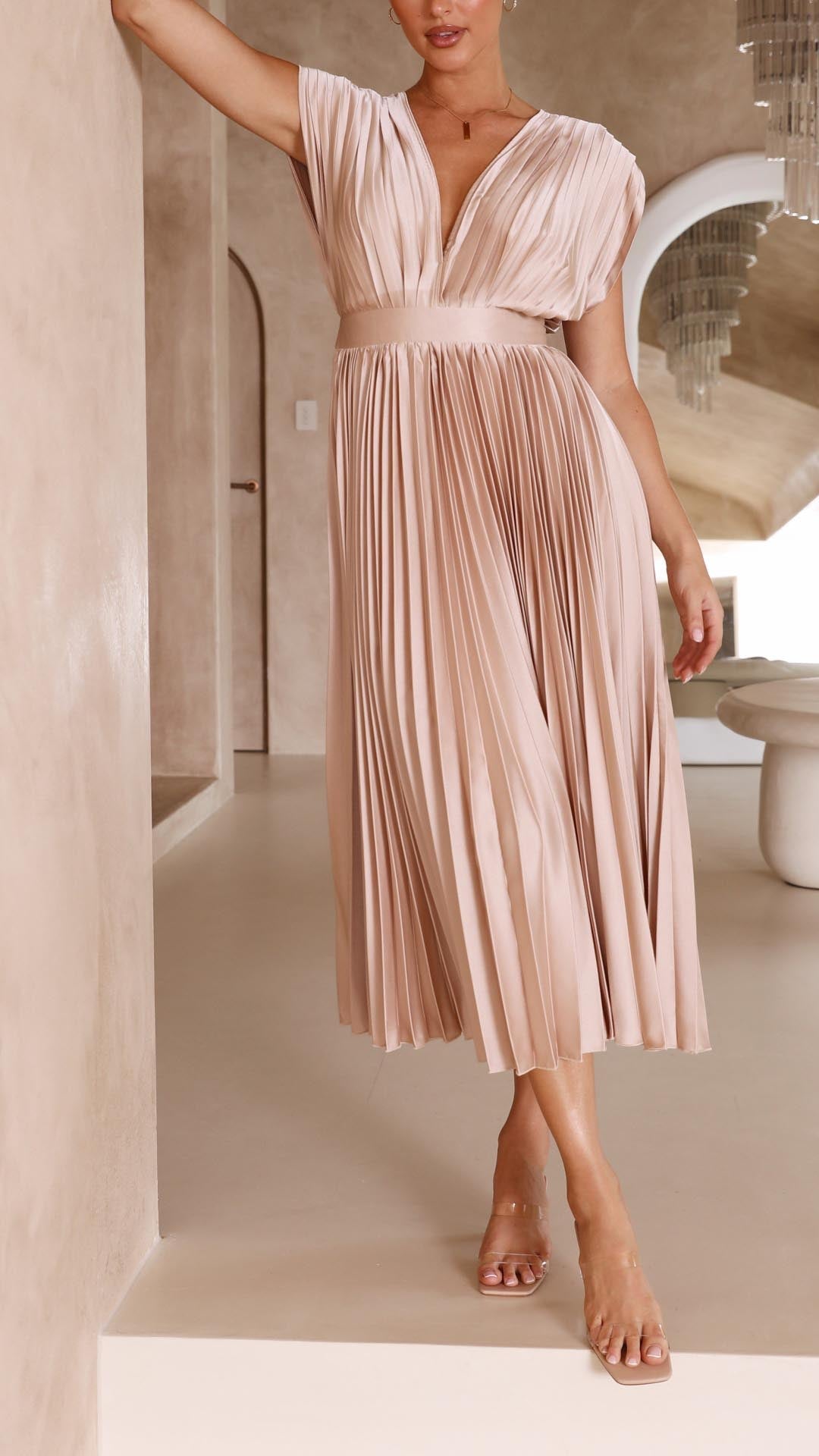 Champagne women's pleated midi dress with a flattering V-neck and short sleeves, showcasing its versatile style for various elegant occasions.