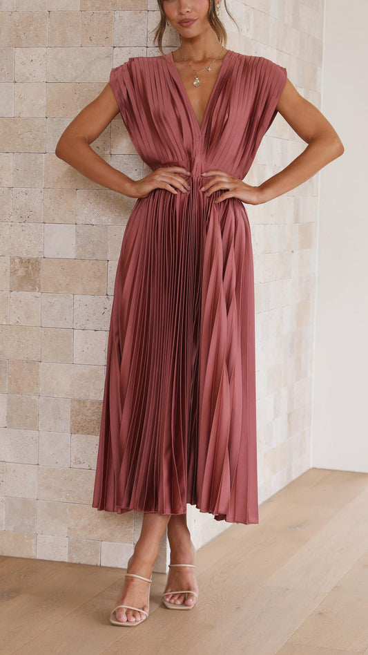 Elegant rosewood pleated V-neck midi dress for women, featuring a defined waist and flowing skirt, perfect for wedding guests.