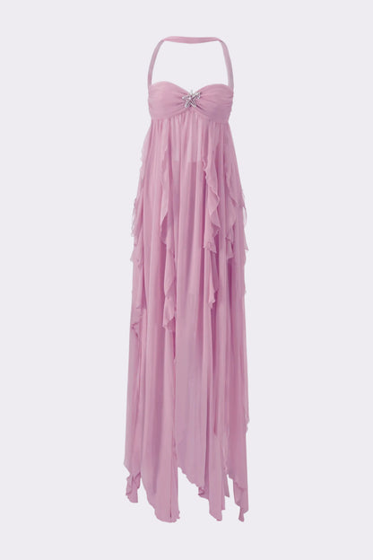 Front view of the light pink strapless maxi dress on a hanger, featuring a ruffled skirt, embellished bodice, and halter neck tie, perfect for wedding guests.