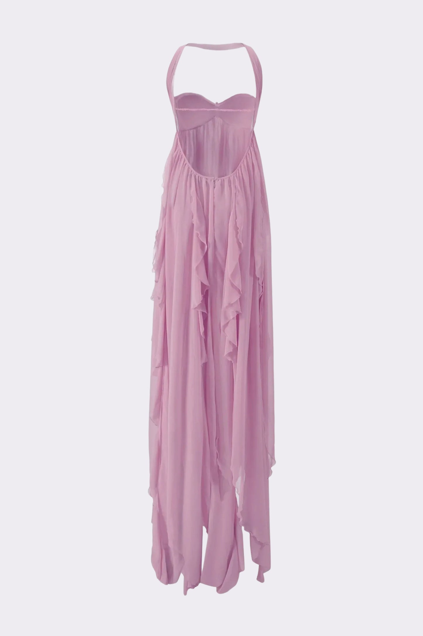 Back view of the light pink strapless maxi dress on a hanger, showing the open back detail and cascading ruffles, an elegant wedding guest dress.