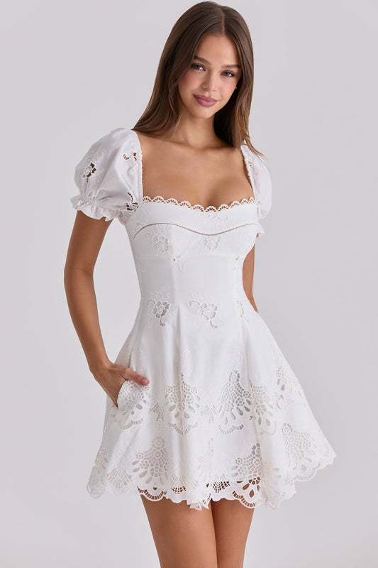 White broderie anglaise puff sleeve mini dress with square neckline and scalloped lace hem