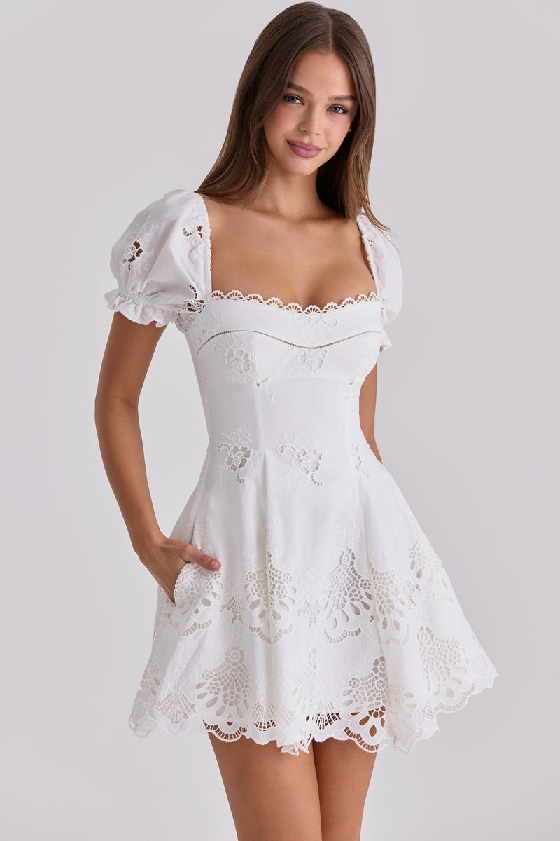 White broderie anglaise puff sleeve mini dress with square neckline and scalloped lace hem