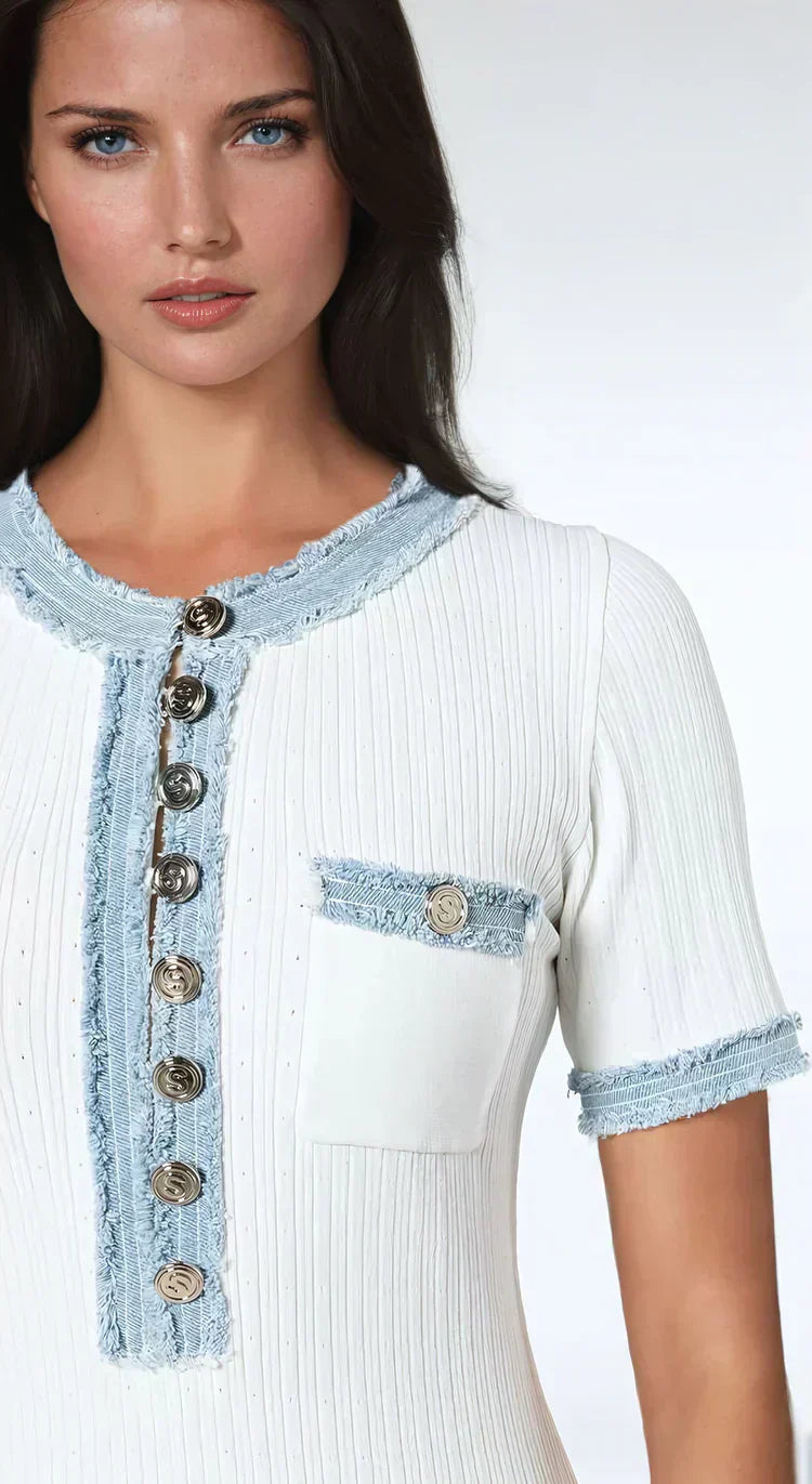 Women white maxi knit dress side view showing button-front detail, round neckline trim, and short sleeve cuffs