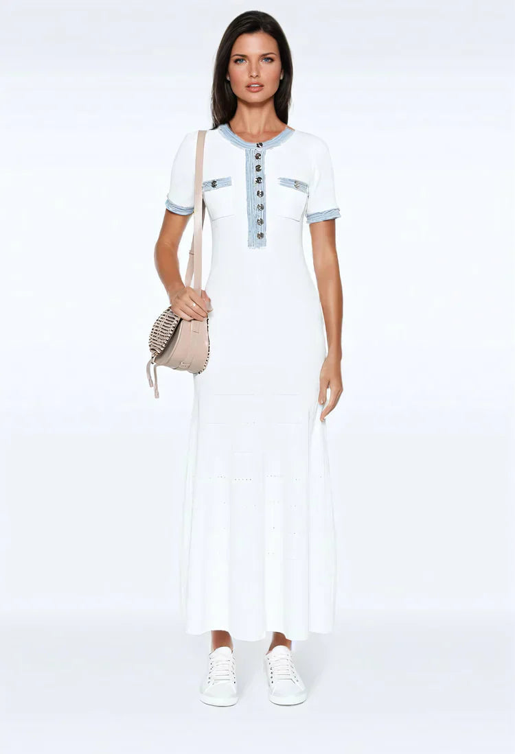 Women white maxi knit dress with button front placket, short sleeves, contrast trim, and chest pockets