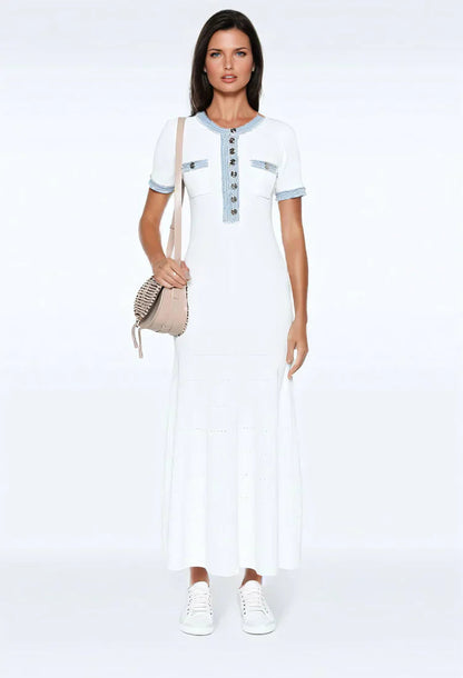 Women white maxi knit dress with button front placket, short sleeves, contrast trim, and chest pockets