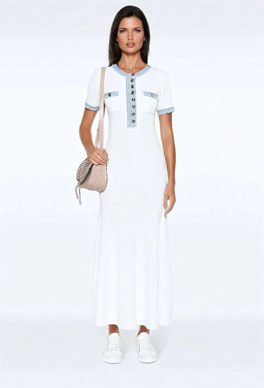 Women white maxi knit dress with button front placket, short sleeves, contrast trim, and chest pockets