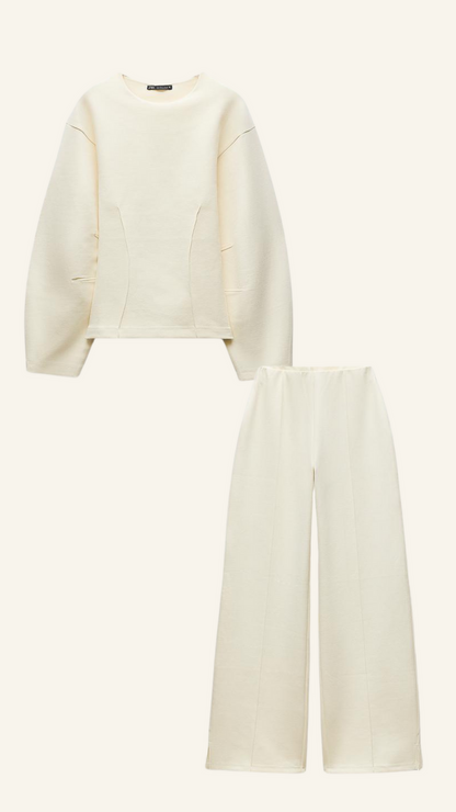 Cream long sleeve shirt and matching womens wide leg pants set, flat lay front view