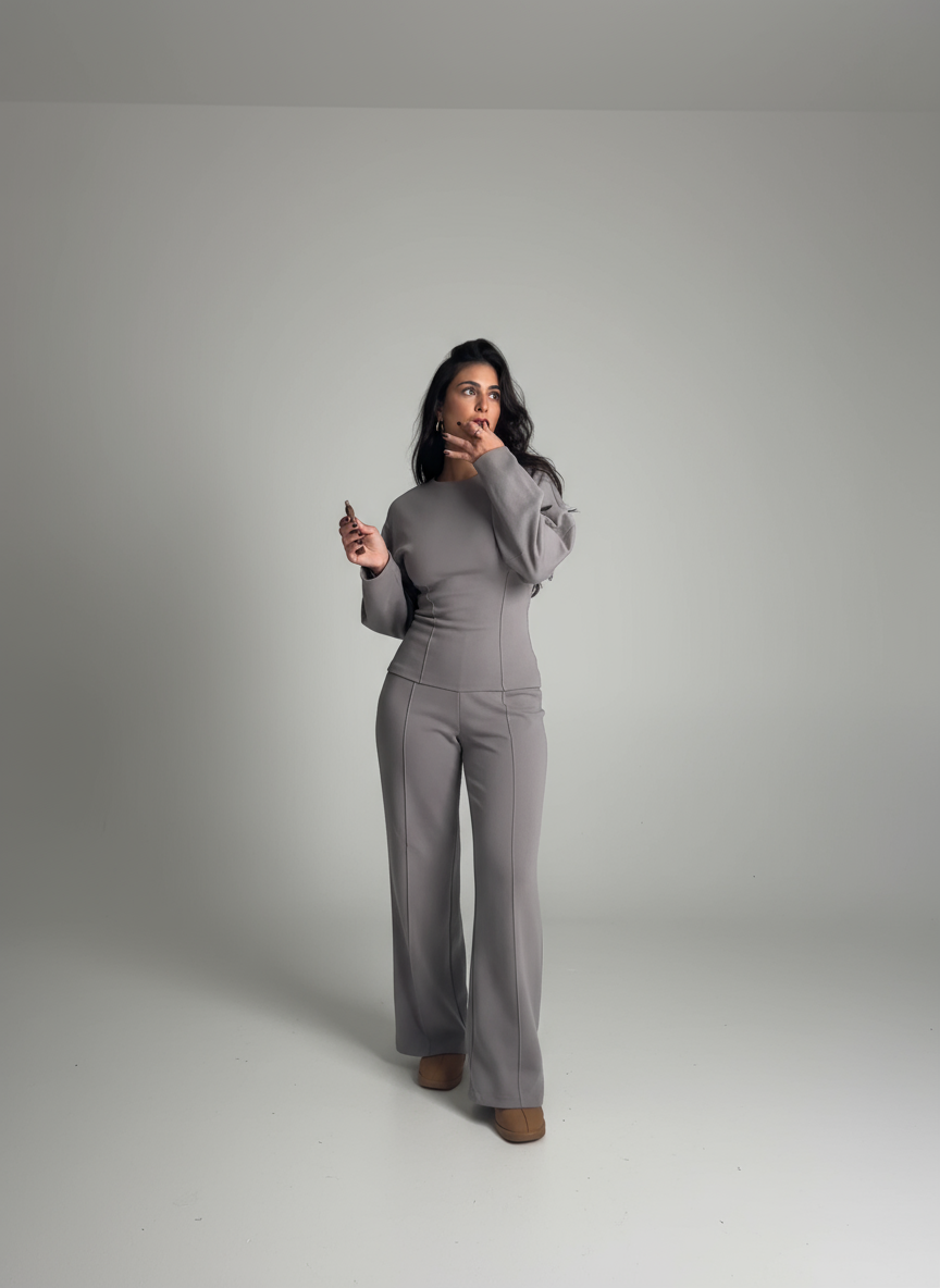 Gray women's work pants set with long sleeve top and tailored wide leg pants, full outfit