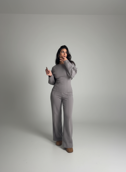 Gray women's work pants set with long sleeve top and tailored wide leg pants, full outfit