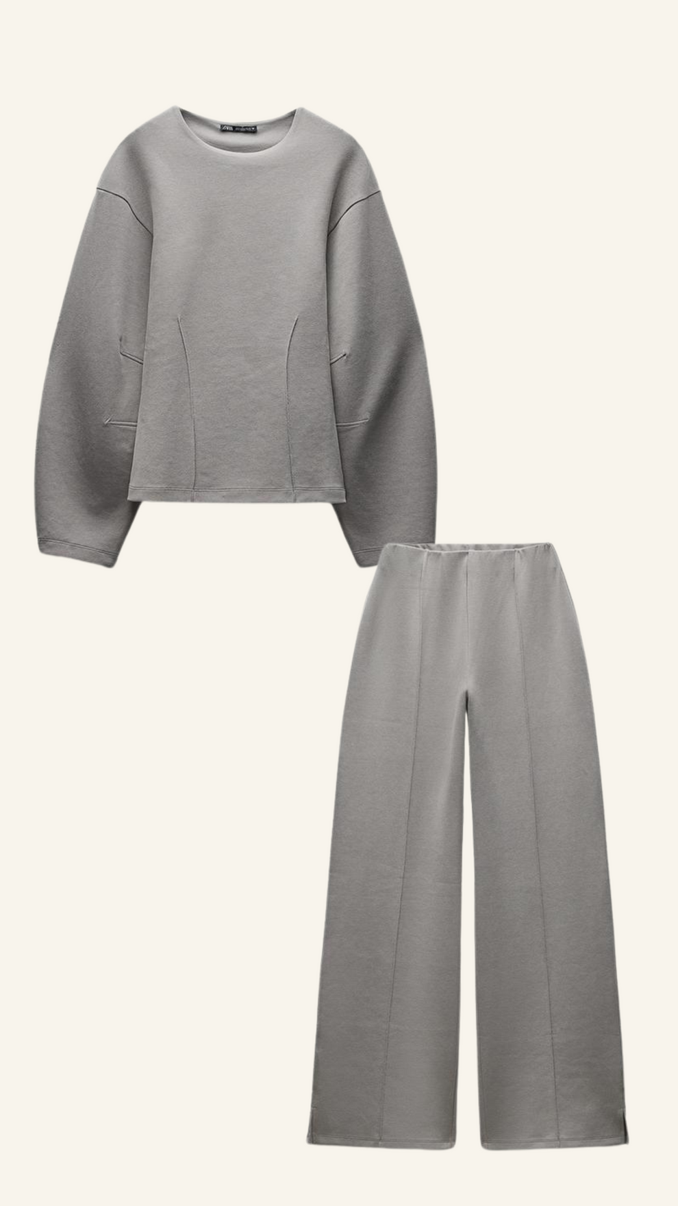 Gray long sleeve top with matching wide leg pants for women, two-piece set flat lay