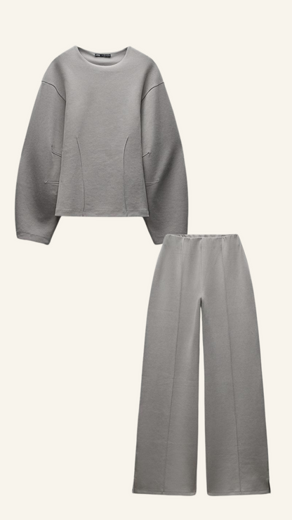 Gray long sleeve top with matching wide leg pants for women, two-piece set flat lay