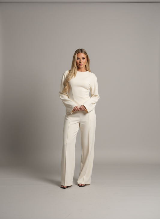 Cream women's work set with long sleeve top and high-waist wide leg pants, front view