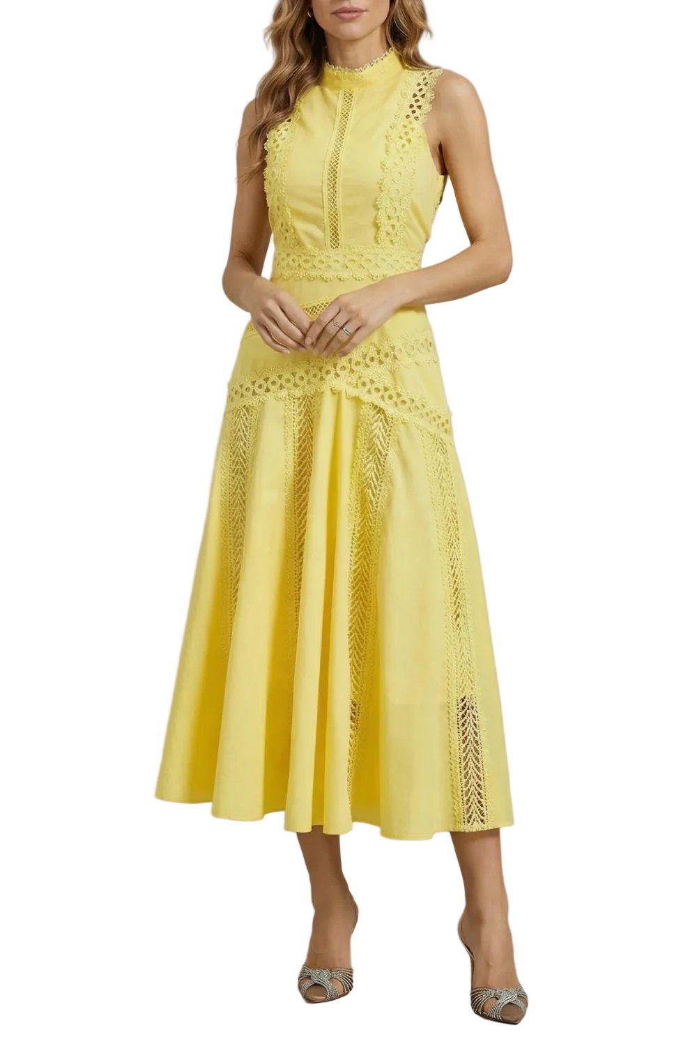 Women's yellow sleeveless midi dress with high neck and intricate lace panel details on bodice and skirt.