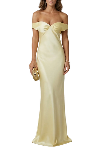 Yellow off-shoulder satin maxi dress with a sweetheart neckline, form-fitting silhouette, and a subtle train.